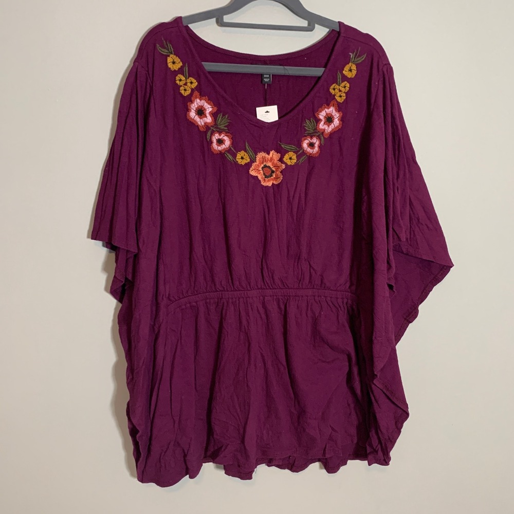 NEW Lane Bryant Embroidered Floral V Neck Top‎ Plus Size 22/24 Burgundy